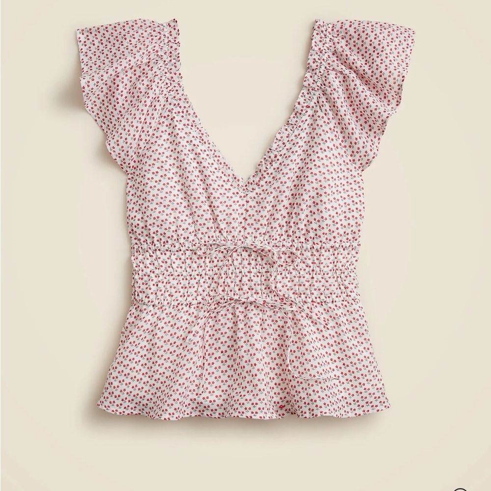 J.Crew White & Red Floral Ruffle V-Neck Peplum Blouse XS